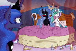 Size: 1200x810 | Tagged: safe, artist:deusexequus, nightmare moon, princess celestia, princess luna, alicorn, pony, g4, aftersex, bed, blushing, caught, chest fluff, fanfic art, female, implied sex, incest, lesbian, mare, pillow, self ponidox, ship:mooncest, shipping, smiling, wide eyes