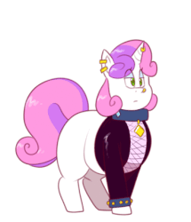 Size: 370x431 | Tagged: safe, artist:secretgoombaman12345, sweetie belle, pony, unicorn, ask chubby diamond, ask meanie belle, g4, animated, ask, blushing, bracelet, butt, butt expansion, collar, earring, fat, female, filly, gif, large butt, meanie belle, obese, plot, poof, solo, surprised, sweetie belly, sweetie butt, the ass was fat, tumblr, weight gain, wide hips