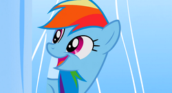 Size: 1099x597 | Tagged: safe, screencap, rainbow dash, pegasus, pony, g4, sonic rainboom (episode), cute, dashabetes, female, mare, open mouth, smiling, solo