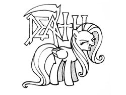 Size: 900x675 | Tagged: safe, artist:vombavr, fluttershy, pegasus, pony, g4, black and white, death (band), death metal, eyes closed, female, grayscale, logo, monochrome, solo, yay