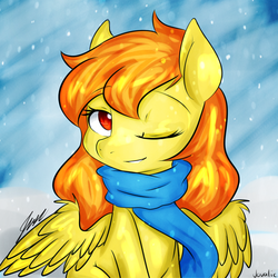 Size: 1024x1024 | Tagged: safe, artist:jovalic, spitfire, pegasus, pony, g4, alternate hairstyle, clothes, female, grin, scarf, snow, snowfall, solo, straight hair, wink, winter