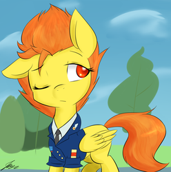 Size: 932x940 | Tagged: safe, artist:jovalic, spitfire, pegasus, pony, g4, female, one ear down, one eye closed, solo