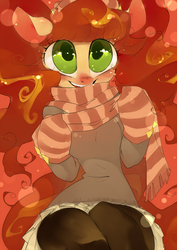 Size: 1200x1699 | Tagged: dead source, safe, artist:iopichio, oc, oc only, oc:aria, anthro, clothes, scarf, skirt, solo, striped scarf, sweater