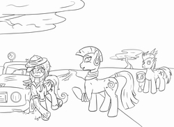 Size: 1868x1359 | Tagged: safe, artist:rainihorn, fluttershy, zecora, oc, zebra, g4, car, lineart, monochrome, tree