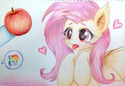 Size: 1024x704 | Tagged: dead source, safe, artist:dobado, fluttershy, rainbow dash, g4, apple, flutterbat, traditional art