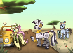 Size: 1868x1359 | Tagged: safe, artist:rainihorn, fluttershy, zecora, oc, ladybug, zebra, g4, car, mud