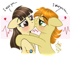 Size: 1100x900 | Tagged: safe, artist:joakaha, mandopony, wild fire, g4, engagement, engagement ring, female, kissing, male, ship:mandofire, shipping, straight