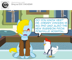 Size: 540x450 | Tagged: safe, artist:aha-mccoy, oc, oc only, oc:tony starkehuf, chicken, earth pony, pony, nopony-ask-mclovin, ask, hair over one eye, male, speech bubble, stallion, stethoscope, tumblr