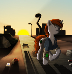 Size: 1407x1437 | Tagged: safe, artist:rainihorn, oc, oc only, oc:littlepip, pony, unicorn, fallout equestria, chest fluff, clothes, cutie mark, eyes closed, fallout, fanfic, fanfic art, female, hooves, horn, jumpsuit, mare, pipbuck, ruins, solo, sun, trash, vault suit, wasteland