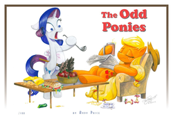 Size: 1500x1026 | Tagged: safe, artist:andypriceart, applejack, rarity, pony, g4, andy you magnificent bastard, apple, apron, bipedal, chair, cider, clothes, duster, eyes closed, felix unger, female, floppy ears, hoof hold, hooves on the table, ladle, lesbian, messy, newspaper, open mouth, oscar madison, parody, sandwich, ship:rarijack, shipping, the odd couple, wide eyes