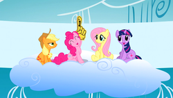 Size: 1366x768 | Tagged: safe, screencap, applejack, fluttershy, pinkie pie, twilight sparkle, earth pony, pegasus, pony, unicorn, g4, my little pony: friendship is magic, sonic rainboom (episode), foam finger, lidded eyes, smiling, unicorn twilight