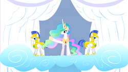 Size: 1366x768 | Tagged: safe, screencap, princess celestia, alicorn, pegasus, pony, g4, my little pony: friendship is magic, sonic rainboom (episode), balcony, cloudiseum, female, male, mare, pegasus royal guard, royal guard, stallion, waving