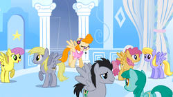 Size: 1366x768 | Tagged: safe, screencap, cloud kicker, derpy hooves, dizzy twister, lucky clover, orange swirl, parasol, spring melody, sprinkle medley, pegasus, pony, g4, sonic rainboom (episode), female, lucy, mare