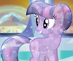 Size: 623x523 | Tagged: safe, screencap, twilight sparkle, crystal pony, pony, unicorn, g4, the crystal empire, alternate hairstyle, cropped, crystallized, female, grin, looking back, mare, outfit catalog, smiling, solo, unicorn twilight