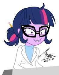 Size: 900x1142 | Tagged: safe, artist:bluse, sci-twi, twilight sparkle, equestria girls, g4, my little pony equestria girls: rainbow rocks, background removed, female, glasses, human twilight snapple, insanity, pencil, show accurate, signature, simple background, solo, twilight snapple, white background, wide eyes
