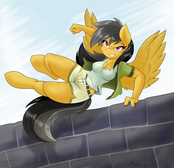 Size: 2430x2356 | Tagged: safe, artist:ambris, daring do, anthro, unguligrade anthro, g4, action pose, breasts, clothes, commission, female, high res, missing accessory, parkour, solo, torn clothes, vaulting