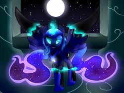 Size: 1024x768 | Tagged: safe, artist:le-poofe, nightmare moon, princess luna, g4, female, glowing eyes, glowing horn, horn, moon, solo