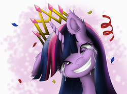 Size: 900x664 | Tagged: safe, artist:cyle, twilight sparkle, alicorn, pony, g4, confetti, coronation, crying, ear fluff, female, fluffy, grin, mare, new crown, solo, tears of joy, twilight sparkle (alicorn)