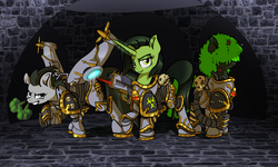 Size: 2000x1200 | Tagged: safe, artist:annacurser, oc, oc only, oc:breezy blight, oc:poison kiss, oc:rot blossom, earth pony, insect, pegasus, pony, unicorn, fanfic:iron hearts, armor, bolter, chaos, commission, crossover, fanfic, fanfic art, female, gun, hair over eyes, iron warriors, mare, nurgle, power armor, powered exoskeleton, semi-grimdark in the description, snorting, trio, warhammer (game), warhammer 40k, weapon