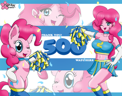 Size: 1000x790 | Tagged: safe, artist:clouddg, pinkie pie, human, equestria girls, g4, bandeau, belly button, cheerleader, clothes, evening gloves, female, human ponidox, midriff, pom pom, skirt, solo, stockings, zoom layer