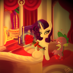Size: 1600x1600 | Tagged: safe, artist:pedrohander, rarity, spike, pony, unicorn, g4, bouquet, carousel boutique, colored, digital art, female, flower, heart, heart eyes, male, ship:sparity, shipping, straight, wingding eyes