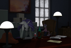 Size: 3000x2000 | Tagged: safe, artist:tahublade7, rarity, sweetie belle, anthro, plantigrade anthro, g4, 3d, alternate hairstyle, clothes, daz studio, doll, feels, feet, floppy ears, high res, office, picture, sad, socks, wine, younger