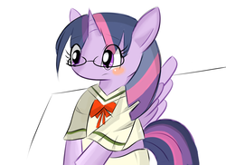 Size: 1925x1405 | Tagged: safe, artist:timorikawa, twilight sparkle, alicorn, pony, g4, clothes, female, glasses, mare, pixiv, school uniform, solo, twilight sparkle (alicorn)