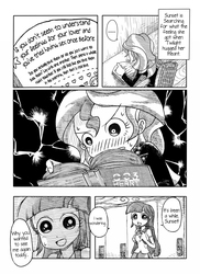 Size: 621x854 | Tagged: safe, artist:zat, sunset shimmer, twilight sparkle, equestria girls, g4, explicit source, female, lesbian, monochrome, ship:sunsetsparkle, shipping, the manga in which sunset shimmer takes a piss, translation, twilight sparkle (alicorn)