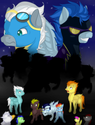 Size: 1024x1347 | Tagged: safe, artist:chiweee, fleetfoot, nightshade, rainbow dash, silver lining, silver zoom, soarin', spitfire, oc, oc:little star, oc:matteo, oc:squall, oc:storm front, oc:twister, fanfic:piercing the heavens, g4, clothes, costume, fanfic, fanfic art, fanfic cover, horn, shadowbolts, shadowbolts costume, wonderbolts, wonderbolts uniform