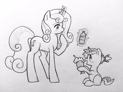 Size: 2048x1536 | Tagged: safe, artist:kianamai, sweetie belle, oc, oc:pixel bit, kilalaverse, g4, milkshake, mother and daughter, next generation, offspring, older, parent:button mash, parent:sweetie belle, parents:sweetiemash, pencil drawing, story included, traditional art