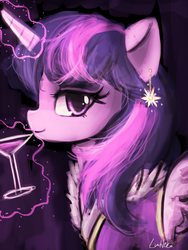 Size: 1440x1920 | Tagged: safe, artist:lumineko, twilight sparkle, alicorn, pony, bedroom eyes, clothes, drink, earring, female, looking at you, magic, mare, portrait, solo, telekinesis, twilight sparkle (alicorn)