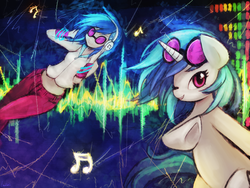 Size: 2880x2160 | Tagged: safe, artist:lumineko, dj pon-3, vinyl scratch, human, pony, equestria daily, g4, bipedal, duality, female, headphones, high res, human ponidox, humanized, light skin, looking at you, psychedelic, smiling, solo, wink