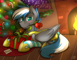 Size: 1350x1040 | Tagged: dead source, safe, artist:meggchan, oc, oc only, oc:cloud zapper, pegasus, pony, blushing, christmas, christmas tree, clothes, commission, fire, fireplace, flower, flower in mouth, looking at you, male, mouth hold, present, prone, rose, royal guard, socks, solo, stockings, tree