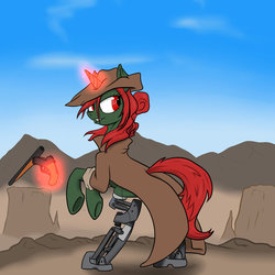 Size: 894x894 | Tagged: safe, artist:slouping, oc, oc only, oc:percussion cap, cyborg, fallout equestria, amputee, clothes, coat, commission, cowboy hat, gun, hat, levitation, looking back, magic, prosthetic limb, prosthetics, smiling, solo, weapon, western