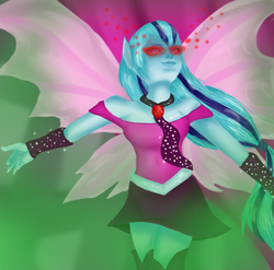 Size: 1024x1011 | Tagged: safe, artist:cupofconfetti, sonata dusk, equestria girls, g4, fin wings, ponied up, red eyes, transformation