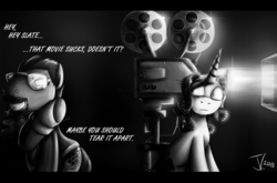 Size: 1250x826 | Tagged: safe, artist:jamescorck, oc, oc:movie slate, ask, cinema snob, grayscale, monochrome, paranoia, ponified, tumblr