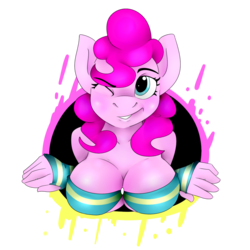 Size: 1000x1000 | Tagged: safe, artist:nexusmod, pinkie pie, earth pony, anthro, g4, breasts, busty pinkie pie, female, simple background, solo, transparent background, wink