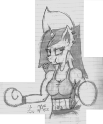 Size: 816x979 | Tagged: safe, artist:mane-shaker, oc, oc only, oc:shakie, anthro, abs, anthro oc, blowing, boxing gloves, female, lined paper, monochrome, piercing, rule 63, solo, traditional art