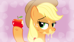 Size: 11200x6300 | Tagged: safe, artist:parclytaxel, applejack, g4, simple ways, .svg available, absurd resolution, apple, apple juice, applejuice meme, bedroom eyes, eating, female, heart, messy eating, safe by show, solo, sweat, vector, wallpaper
