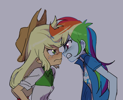 Size: 551x448 | Tagged: dead source, safe, artist:baekgup, applejack, rainbow dash, equestria girls, g4, my little pony equestria girls: rainbow rocks, angry, angryjack, argument, duo, glare, gritted teeth, ragebow dash, scene interpretation