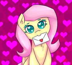 Size: 1200x1100 | Tagged: safe, artist:wolfy-pony, fluttershy, g4, chest fluff, cute, eyelashes, female, heart, looking at you, love letter, mouth hold, smiling, solo, valentine, valentine's day