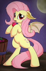 Size: 825x1275 | Tagged: safe, artist:firebrandkun, fluttershy, bat pony, pony, g4, apple, bat ponified, bat wings, bipedal, cute, fangs, female, floppy ears, flutterbat, food, hoof hold, looking at you, moon, night, open mouth, race swap, sad, shyabates, shyabetes, solo, spread wings, tongue out, wings