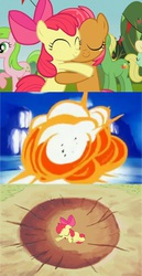 Size: 1280x2476 | Tagged: safe, edit, edited screencap, screencap, apple bloom, babs seed, earth pony, pony, apple family reunion, g4, comic, dragon ball, dragon ball z, explosion, female, filly, hug, implied death, yamcha's death pose