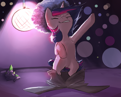 Size: 1280x1024 | Tagged: safe, artist:imsokyo, spike, twilight sparkle, pony, daily life of spike, g4, 70s, afro, bipedal, clothes, dancing, disco, disco ball, embarrassed, eyes closed, pants, underhoof, wardrobe malfunction