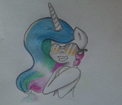 Size: 1689x1458 | Tagged: safe, artist:celeste-kj, princess celestia, g4, female, grin, simple background, solo, sunglasses, traditional art