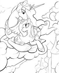 Size: 662x815 | Tagged: safe, artist:fagjag, princess celestia, princess luna, g4, cloud, cloudy, monochrome, sisters