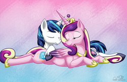 Size: 1275x825 | Tagged: safe, artist:rainbow-smashed, princess cadance, shining armor, g4, eyes closed, horn, horns are touching, prone