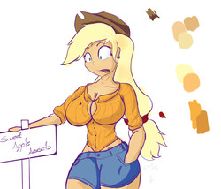 Size: 1400x1200 | Tagged: safe, artist:d-sixzey, applejack, human, g4, breasts, busty applejack, button popping, female, humanized, light skin, popped button, solo