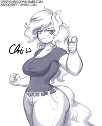 Size: 1589x1957 | Tagged: safe, artist:nekocrispy, applejack, earth pony, anthro, g4, annoyed, applebucking thighs, breasts, busty applejack, clothes, female, freckles, jeans, lidded eyes, loose hair, mare, messy mane, monochrome, pointing, shirt, sketch, solo