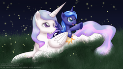 Size: 1366x768 | Tagged: safe, artist:rainbow-smashed, princess celestia, princess luna, firefly (insect), g4, filly, grass, night, pointing, prone, sisters, woona